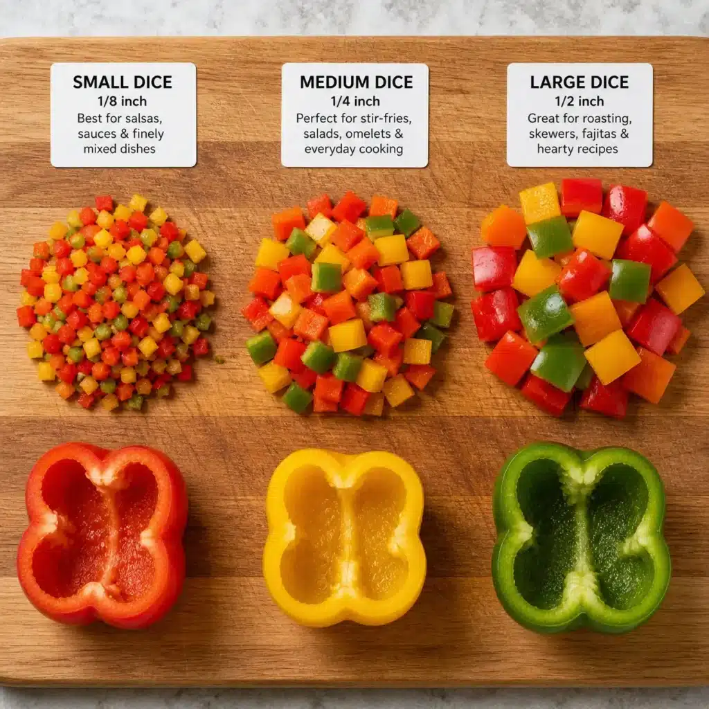 different dice sizes of bell peppers