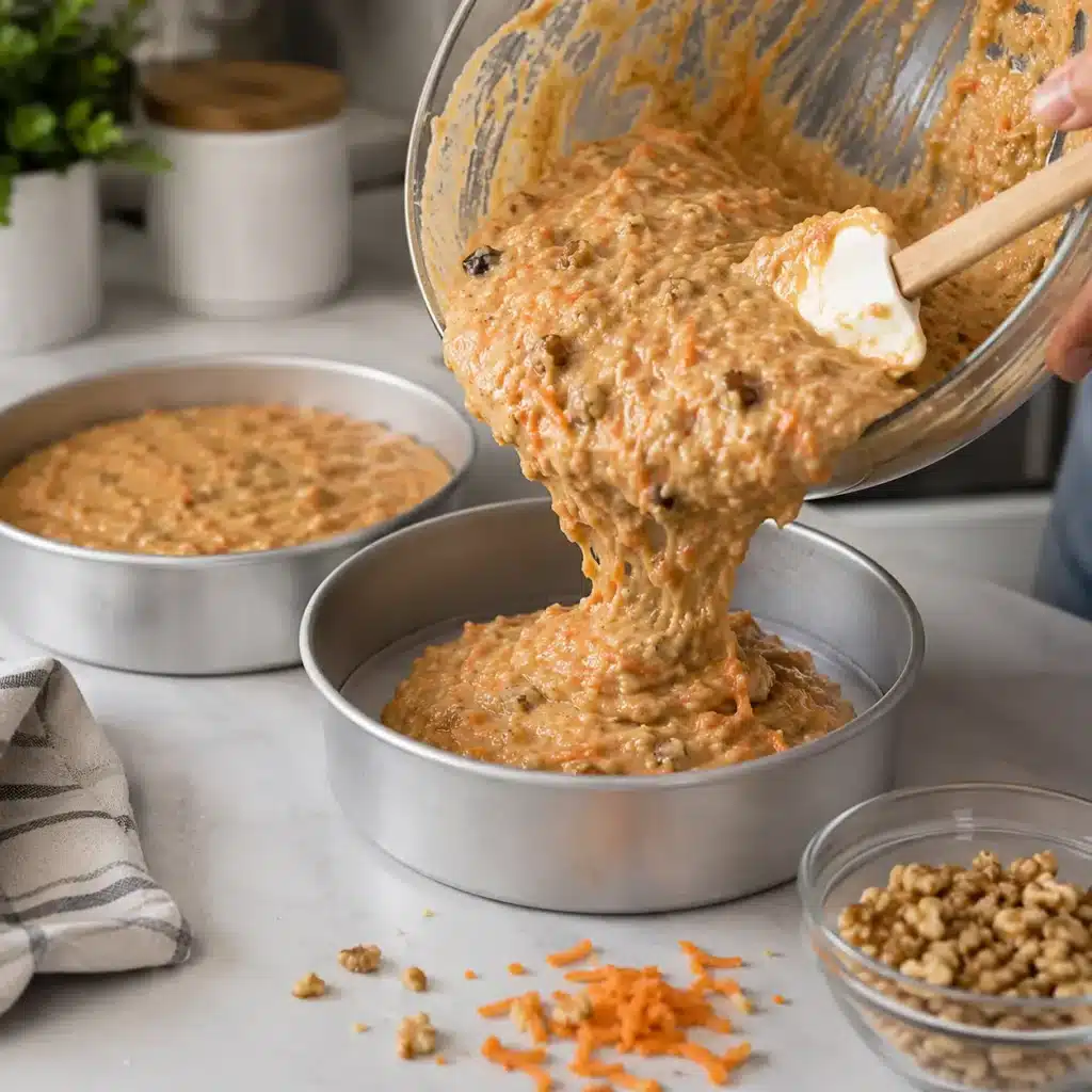 Carrot cake batter in cake pans
